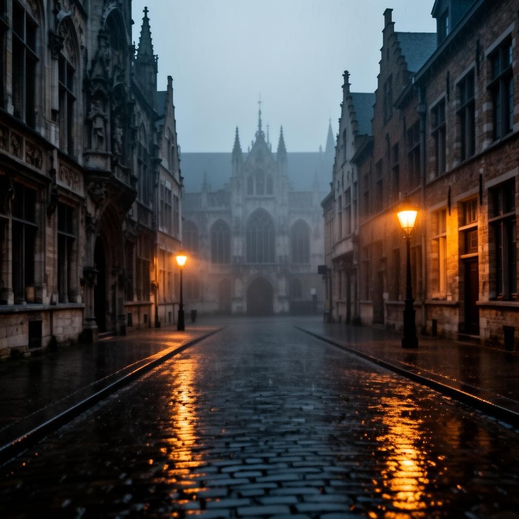 Mistige straat in Gent bij nacht